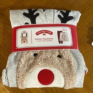 Holiday Time Gray and Red Pajama Set with Reindeer Design